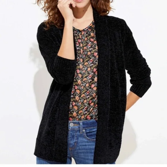 LOFT Sweaters Loft Black Chenille Open Front Cardigan Sweater